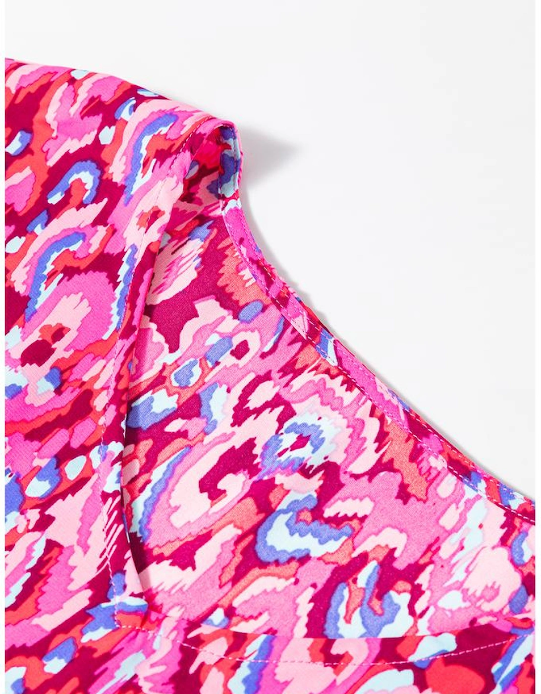 Pink Abstract Print V Neck Half Sleeve Loose Fit Tunic Blouse