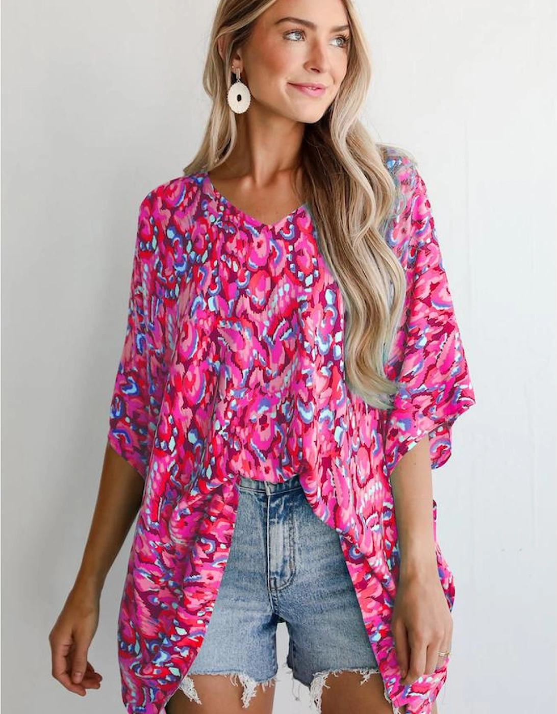 Pink Abstract Print V Neck Half Sleeve Loose Fit Tunic Blouse, 11 of 10
