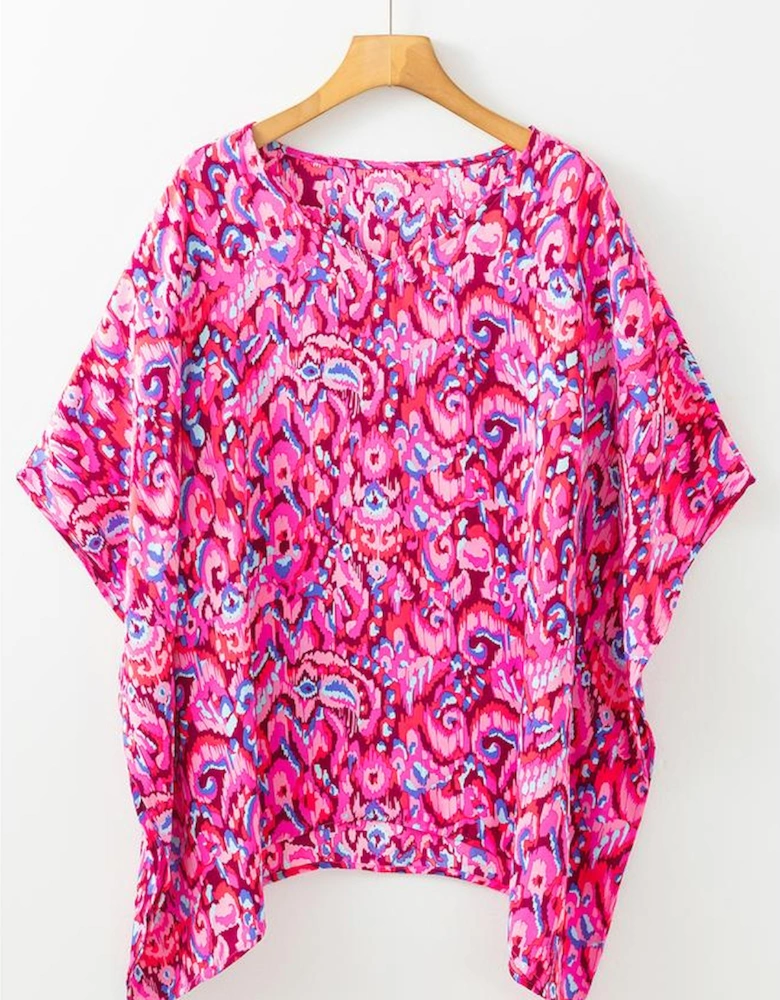 Pink Abstract Print V Neck Half Sleeve Loose Fit Tunic Blouse