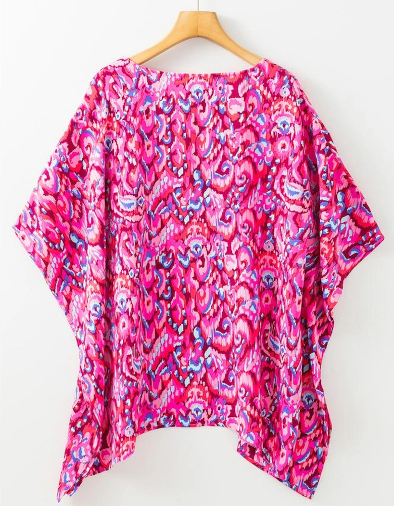 Pink Abstract Print V Neck Half Sleeve Loose Fit Tunic Blouse