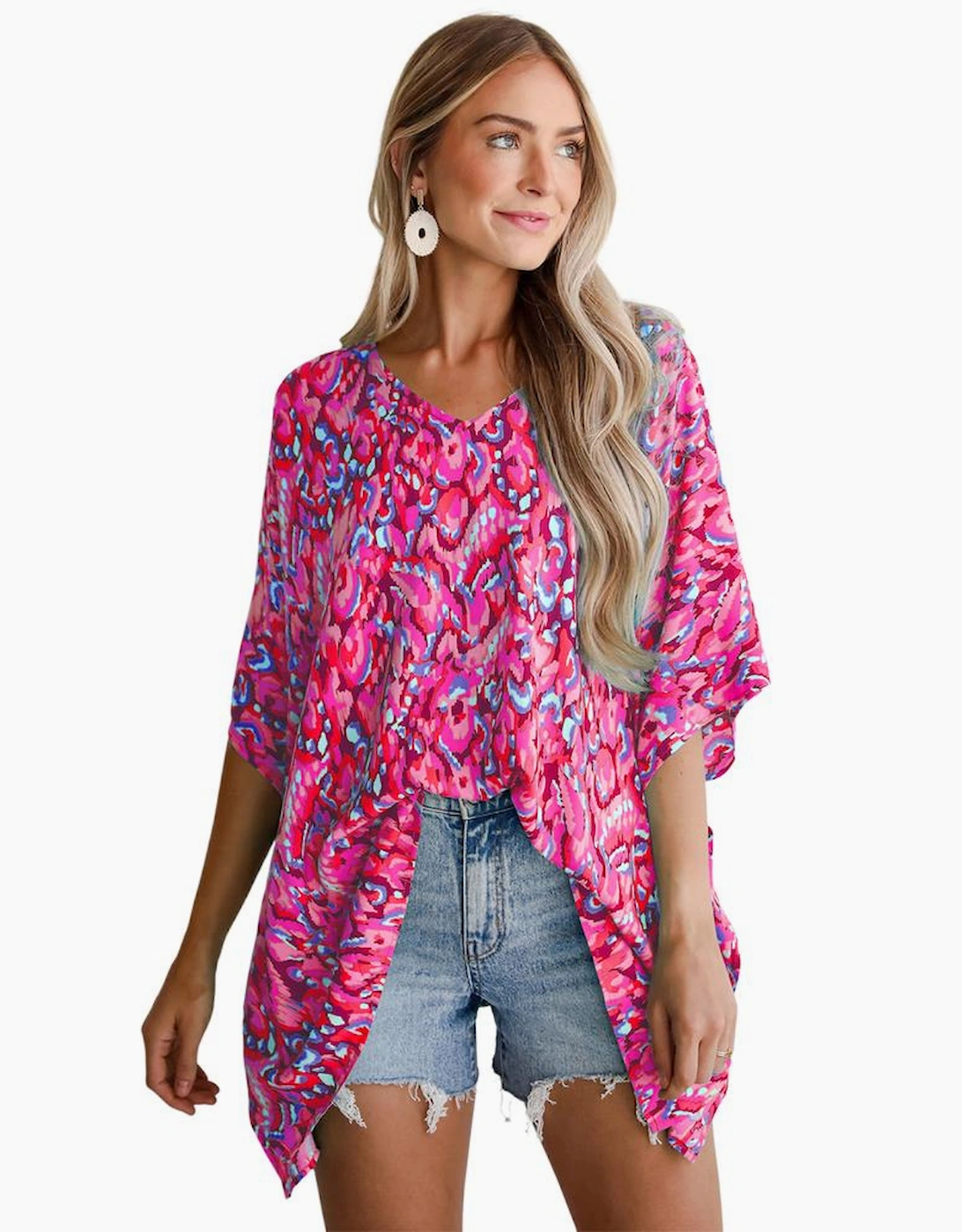 Pink Abstract Print V Neck Half Sleeve Loose Fit Tunic Blouse