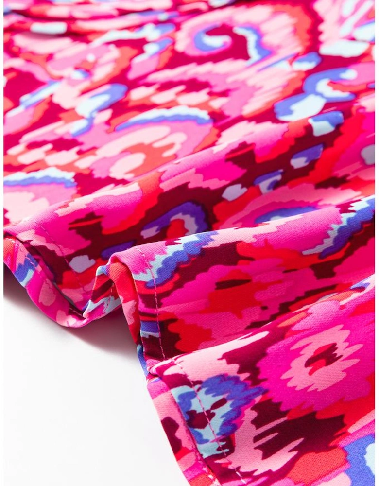 Pink Abstract Print V Neck Half Sleeve Loose Fit Tunic Blouse