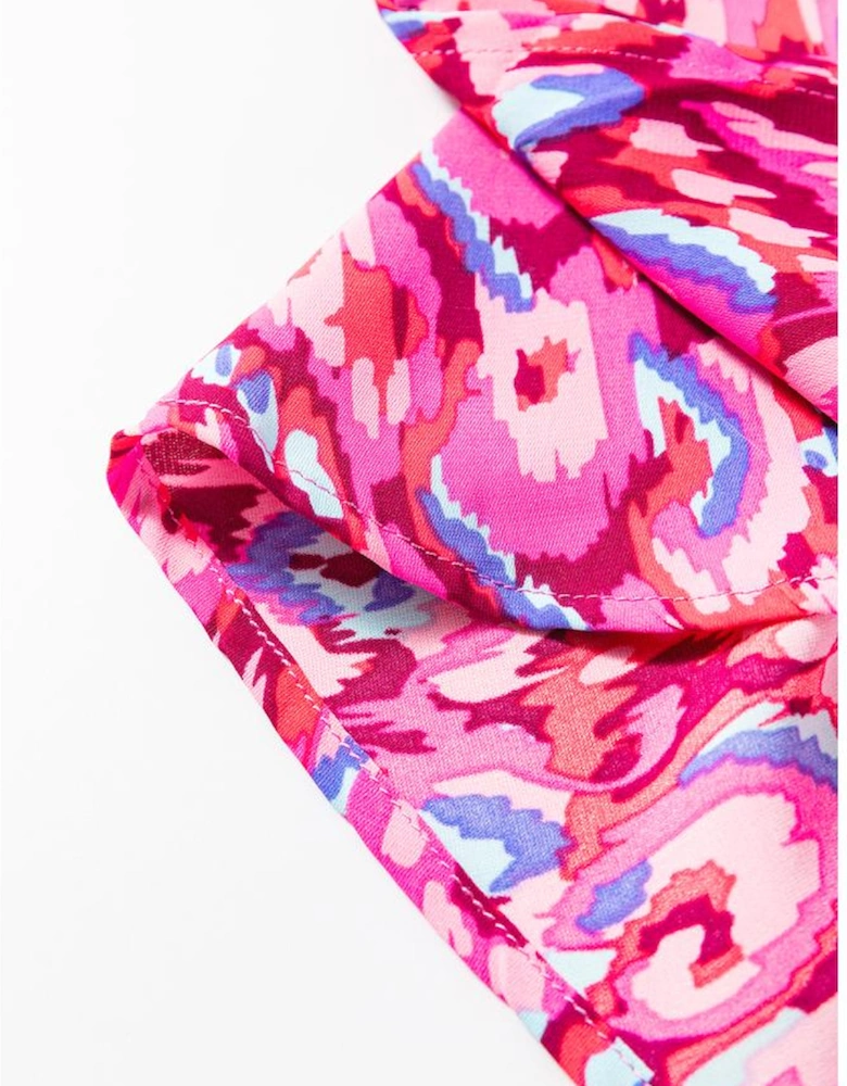 Pink Abstract Print V Neck Half Sleeve Loose Fit Tunic Blouse