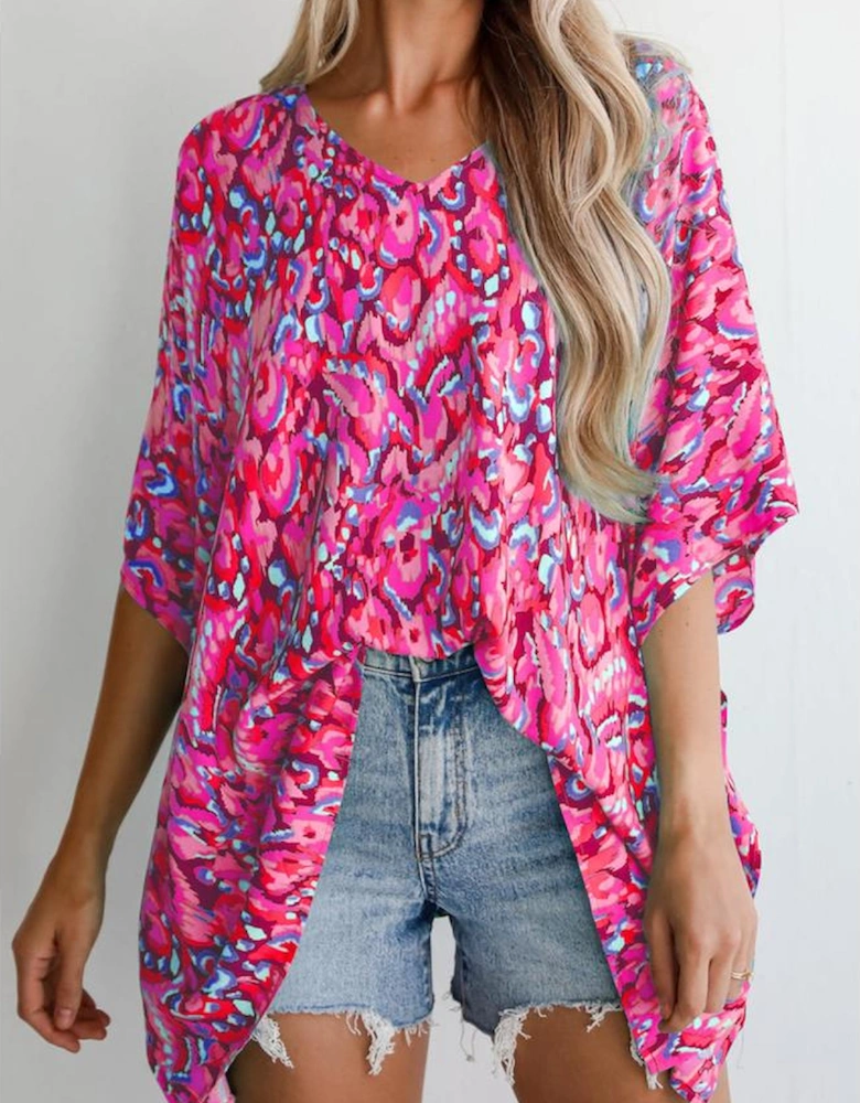 Pink Abstract Print V Neck Half Sleeve Loose Fit Tunic Blouse