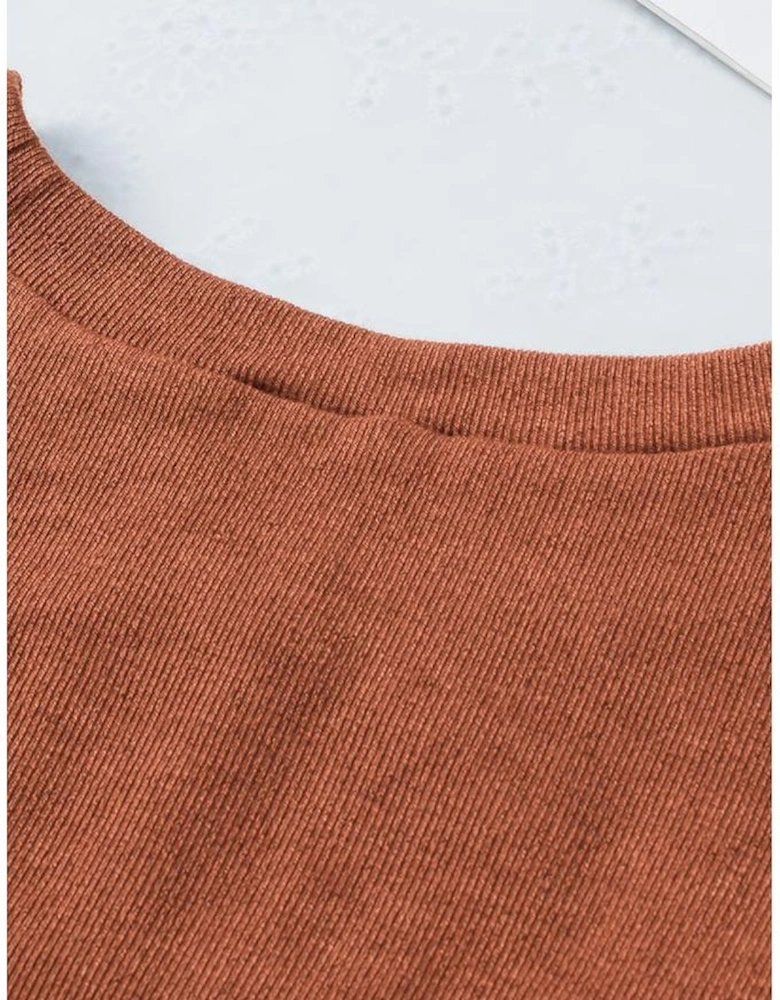 Brown Ribbed Peekaboo Cutout Long Sleeve Top