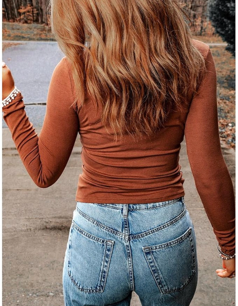 Brown Ribbed Peekaboo Cutout Long Sleeve Top