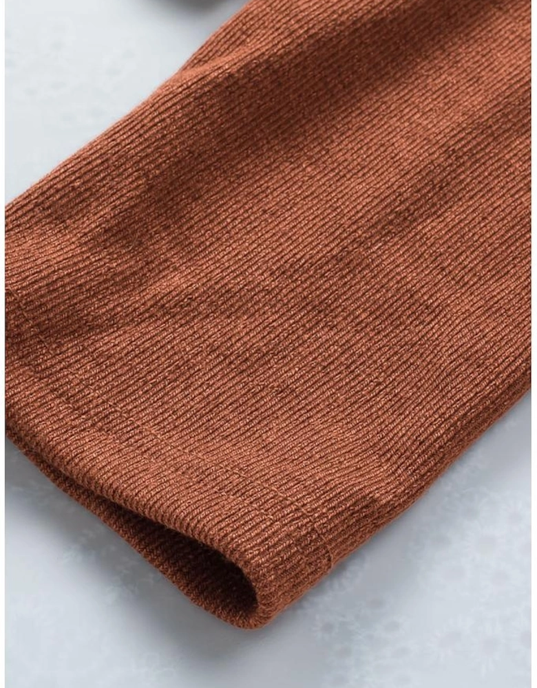 Brown Ribbed Peekaboo Cutout Long Sleeve Top