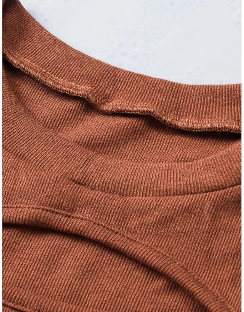 Brown Ribbed Peekaboo Cutout Long Sleeve Top
