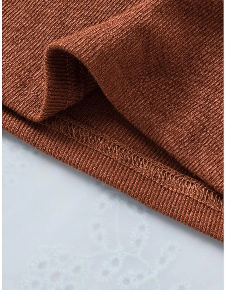 Brown Ribbed Peekaboo Cutout Long Sleeve Top