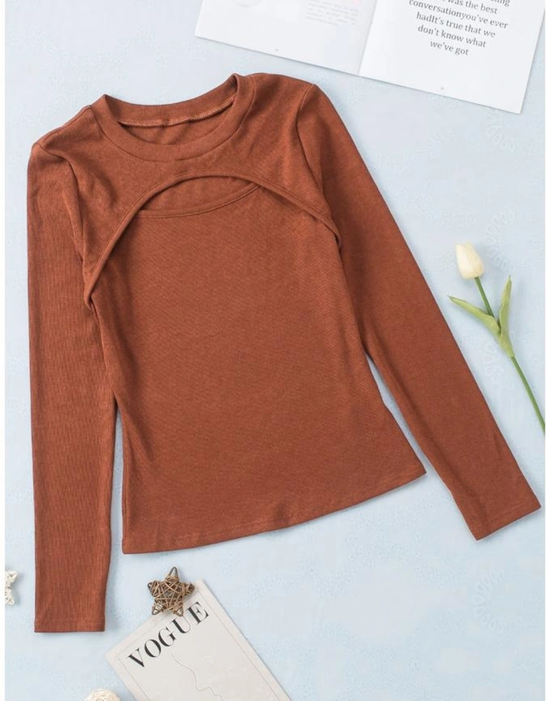 Brown Ribbed Peekaboo Cutout Long Sleeve Top