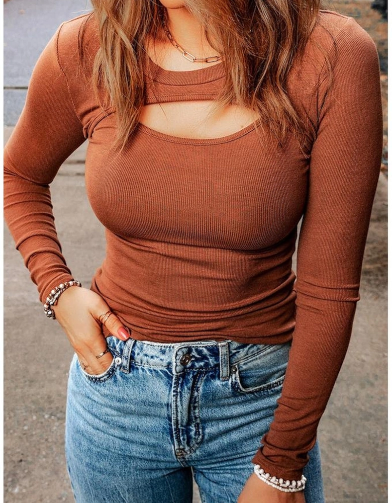Brown Ribbed Peekaboo Cutout Long Sleeve Top