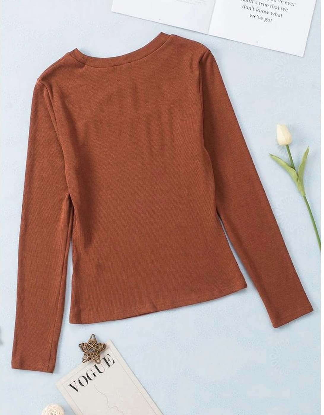 Brown Ribbed Peekaboo Cutout Long Sleeve Top, 15 of 14