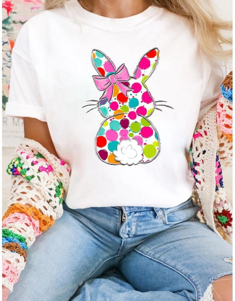 White Polka Dot Bow Rabbit Graphic Crewneck Easter Fashion Tee