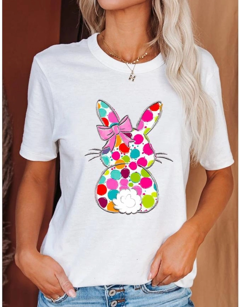 White Polka Dot Bow Rabbit Graphic Crewneck Easter Fashion Tee