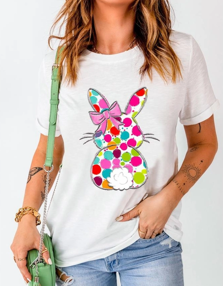 White Polka Dot Bow Rabbit Graphic Crewneck Easter Fashion Tee