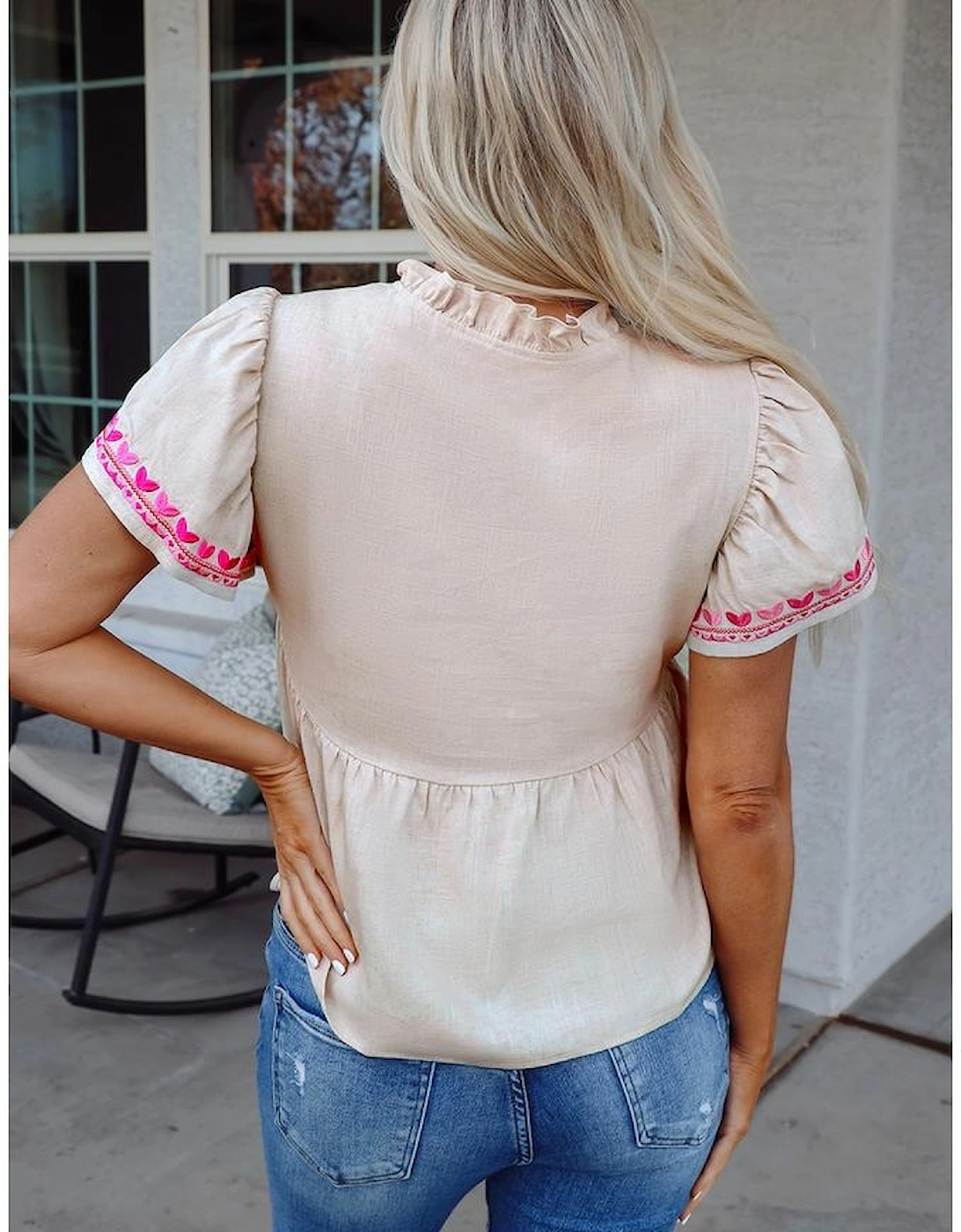 Beige Floral Embroidered Short Sleeve Notched V Neck Blouse, 16 of 15