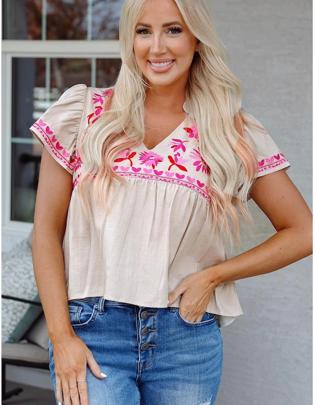 Beige Floral Embroidered Short Sleeve Notched V Neck Blouse