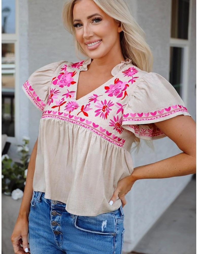 Beige Floral Embroidered Short Sleeve Notched V Neck Blouse