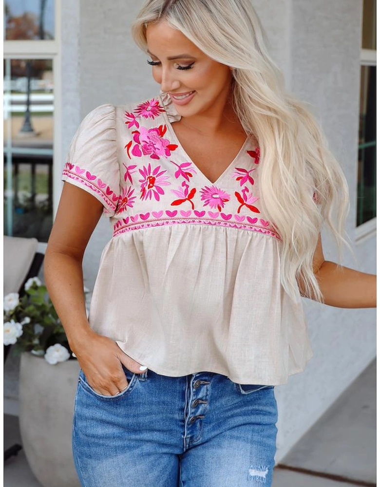 Beige Floral Embroidered Short Sleeve Notched V Neck Blouse