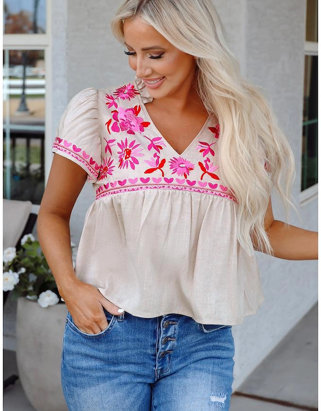 Beige Floral Embroidered Short Sleeve Notched V Neck Blouse