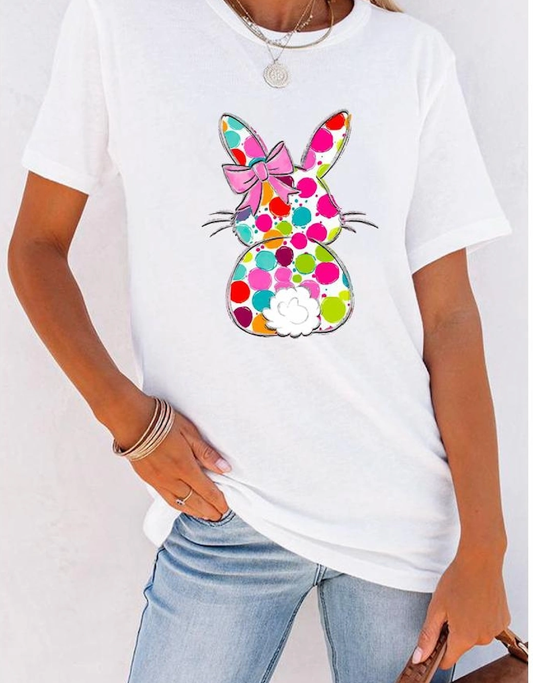 White Polka Dot Bow Rabbit Graphic Crewneck Easter Fashion Tee