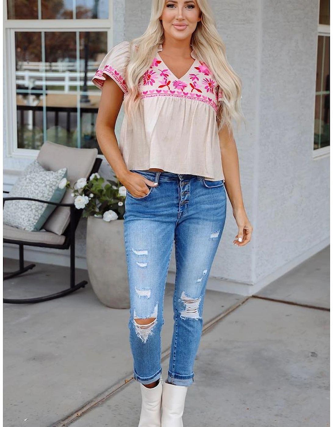 Beige Floral Embroidered Short Sleeve Notched V Neck Blouse