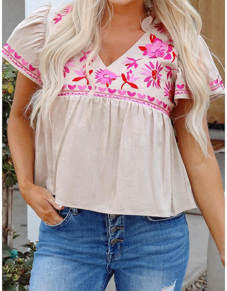 Beige Floral Embroidered Short Sleeve Notched V Neck Blouse