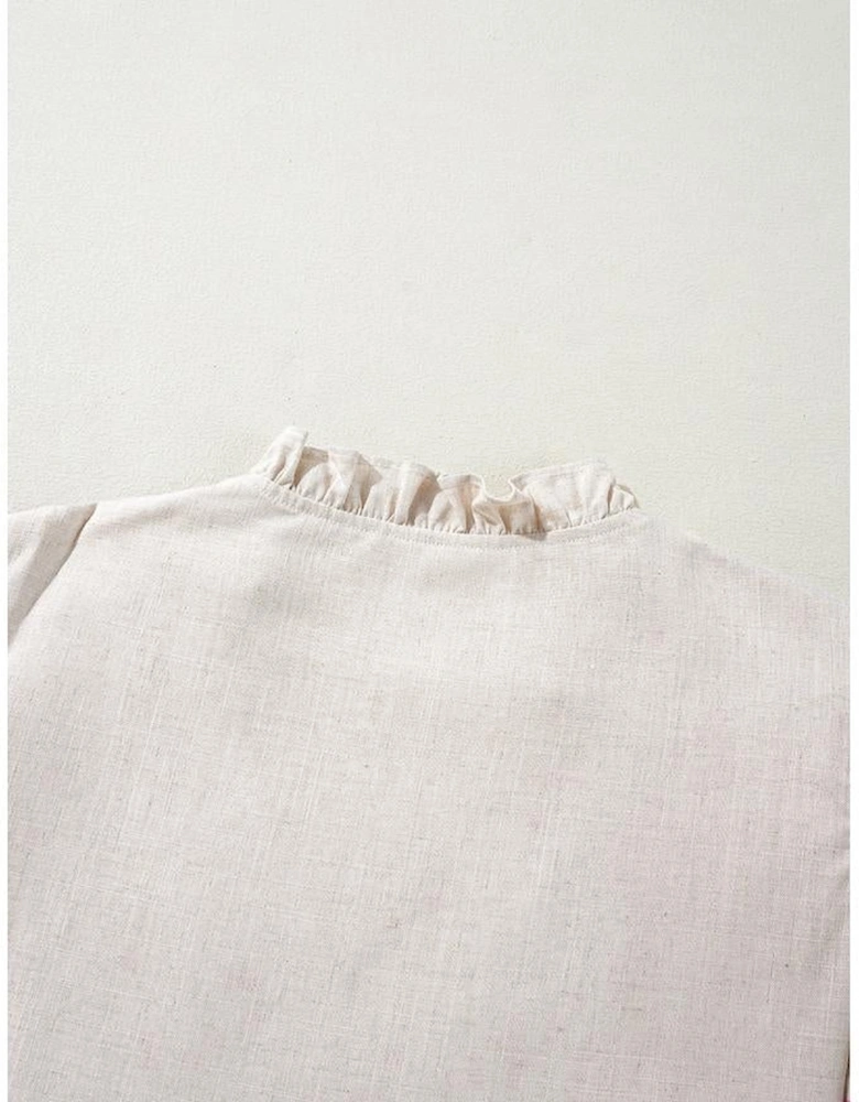 Beige Floral Embroidered Short Sleeve Notched V Neck Blouse