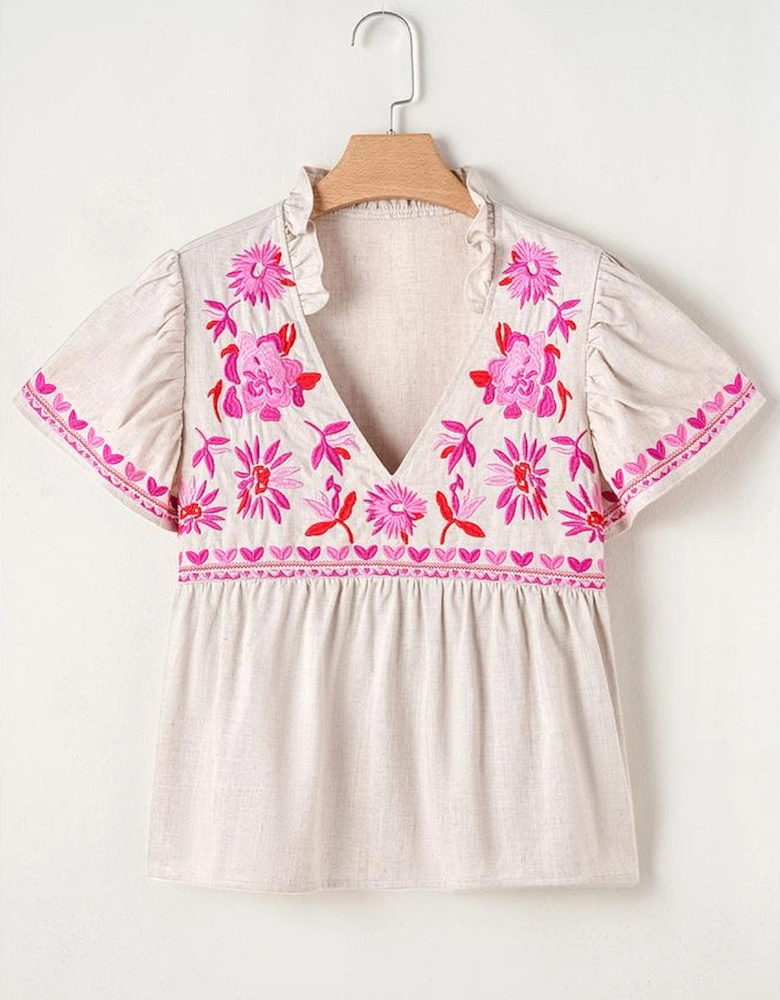 Beige Floral Embroidered Short Sleeve Notched V Neck Blouse