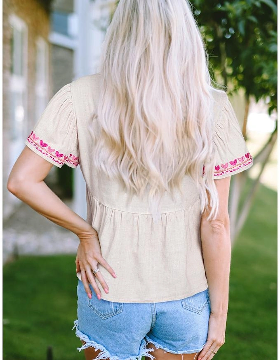 Beige Floral Embroidered Short Sleeve Notched V Neck Blouse