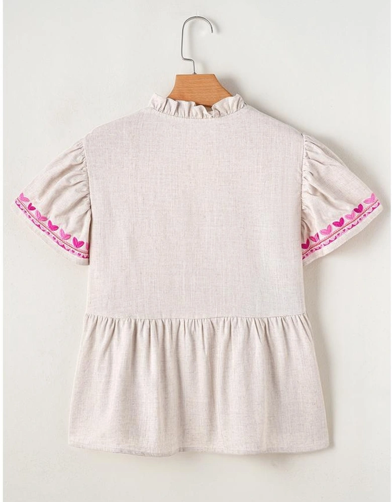 Beige Floral Embroidered Short Sleeve Notched V Neck Blouse