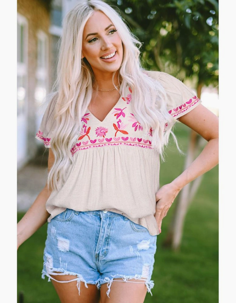 Beige Floral Embroidered Short Sleeve Notched V Neck Blouse