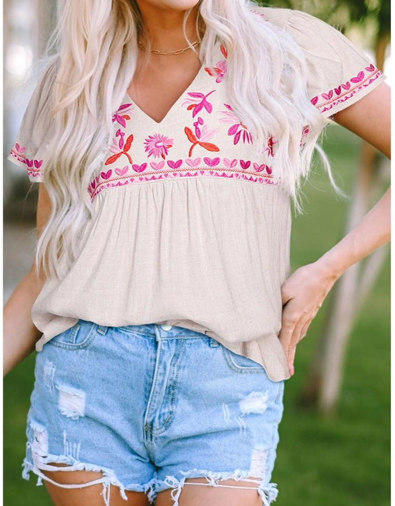 Beige Floral Embroidered Short Sleeve Notched V Neck Blouse