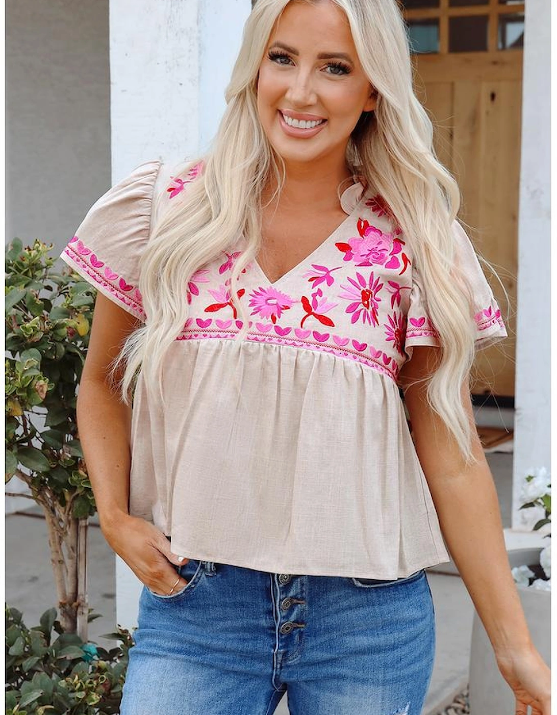 Beige Floral Embroidered Short Sleeve Notched V Neck Blouse