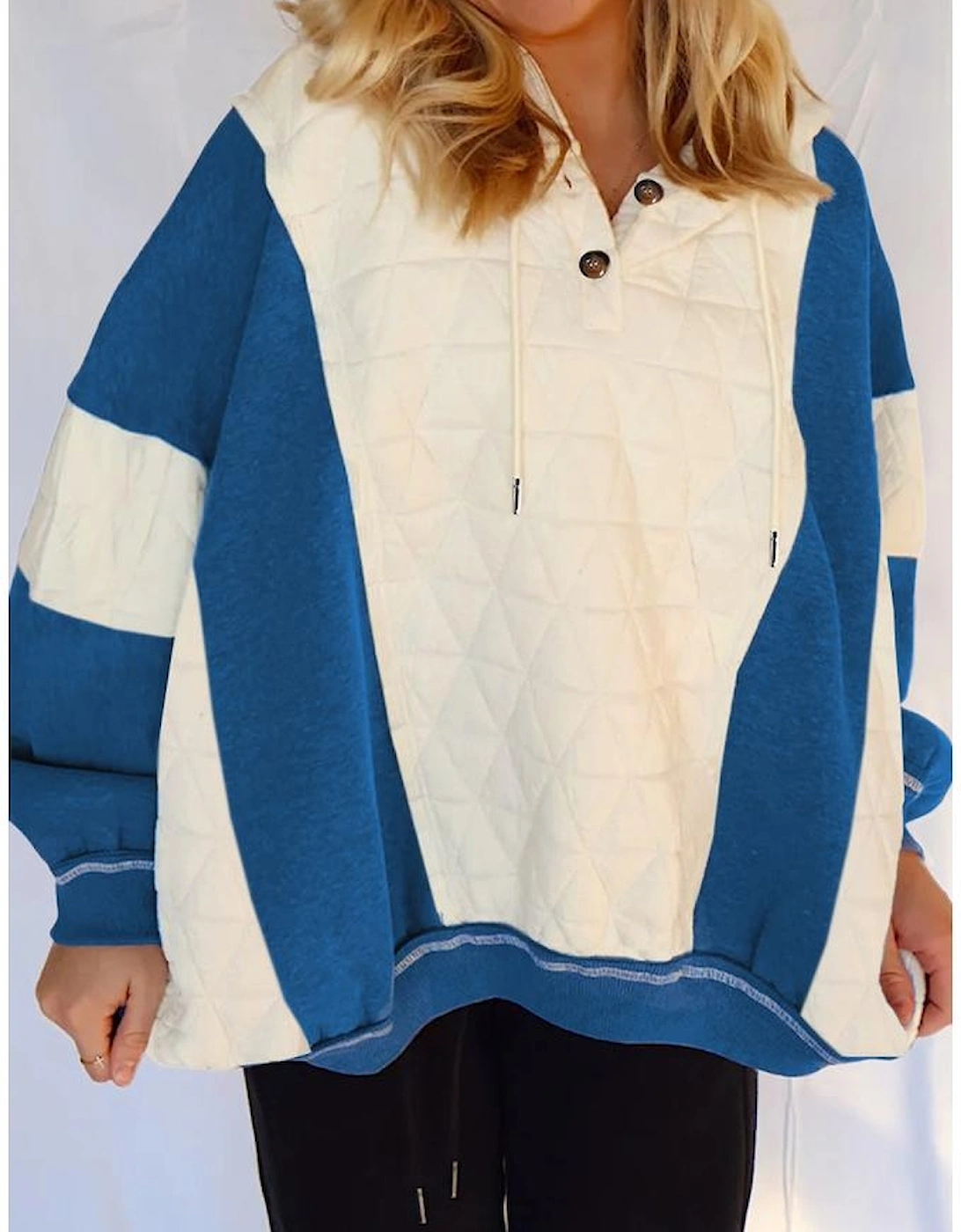 White Quilted Fleece Color Block Patchwork Oversize Hoodie