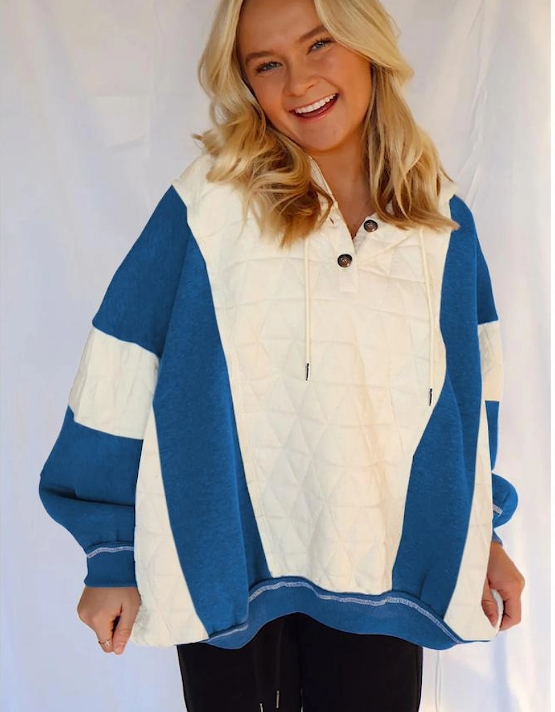 White Quilted Fleece Color Block Patchwork Oversize Hoodie