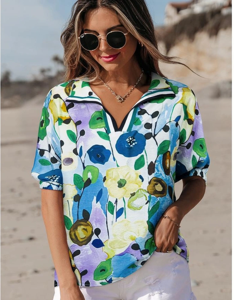 Light Blue Floral Print Slit V Neck Short Sleeve Blouse