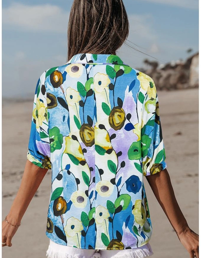 Light Blue Floral Print Slit V Neck Short Sleeve Blouse