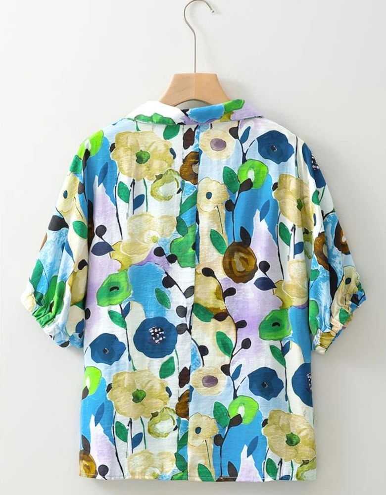 Light Blue Floral Print Slit V Neck Short Sleeve Blouse