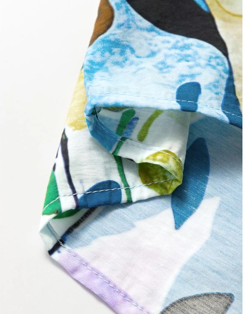 Light Blue Floral Print Slit V Neck Short Sleeve Blouse