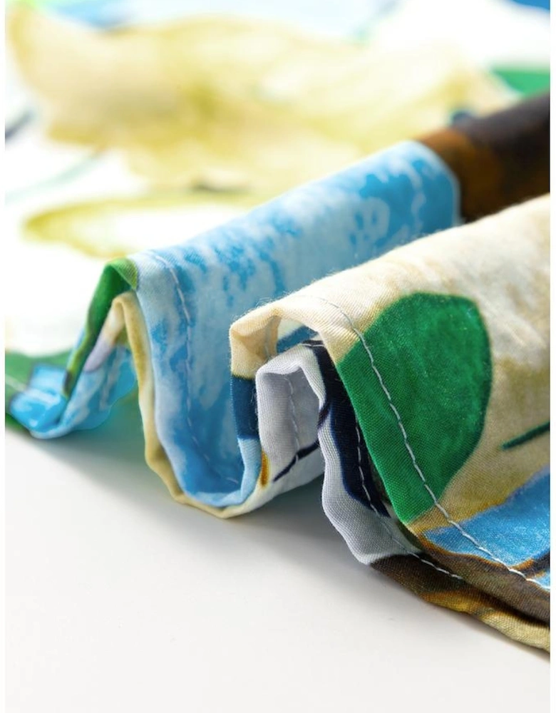 Light Blue Floral Print Slit V Neck Short Sleeve Blouse