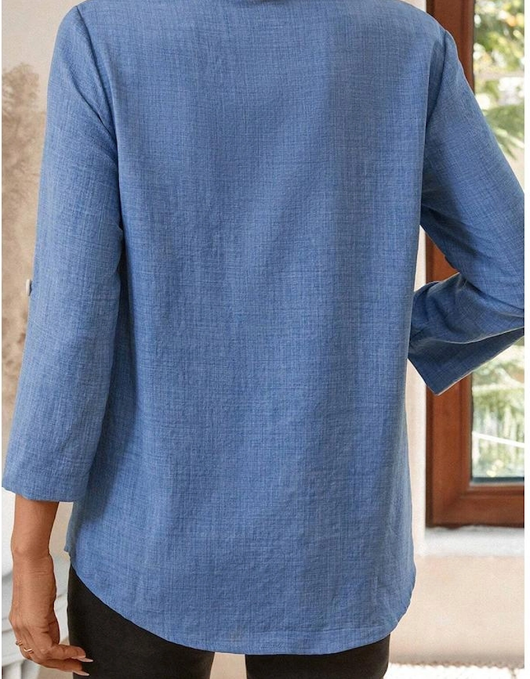 Ashleigh Blue Solid Color Notched V Neck Roll up 3/4 Sleeve Blouse, 5 of 4