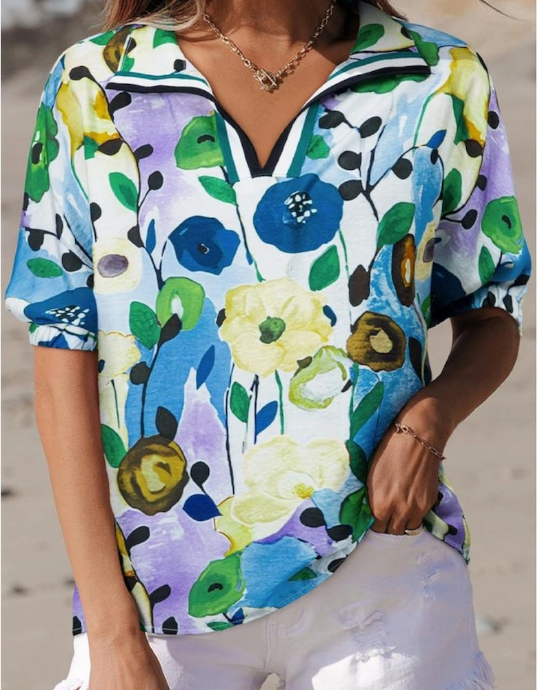 Light Blue Floral Print Slit V Neck Short Sleeve Blouse
