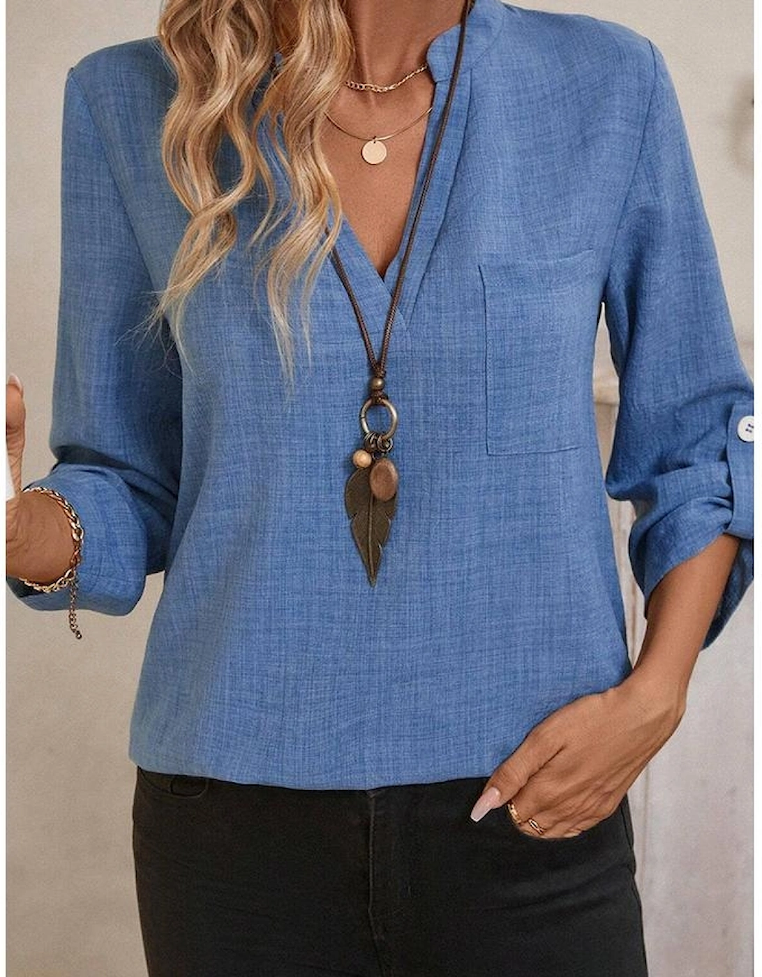 Ashleigh Blue Solid Color Notched V Neck Roll up 3/4 Sleeve Blouse