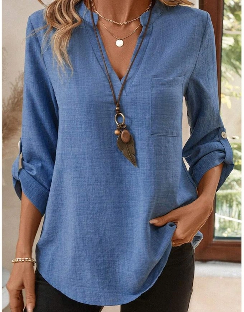 Ashleigh Blue Solid Color Notched V Neck Roll up 3/4 Sleeve Blouse