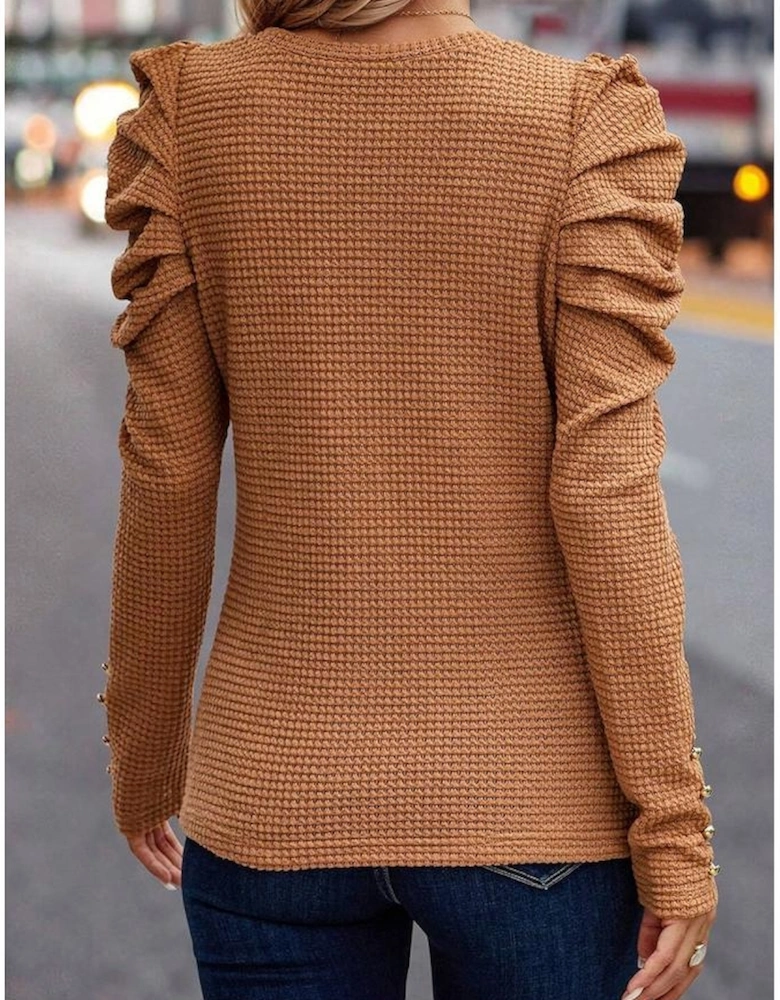 Chestnut Solid Color Textured Buttoned Gigot Sleeve Top