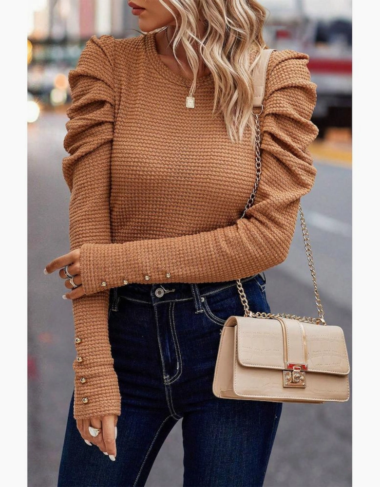 Chestnut Solid Color Textured Buttoned Gigot Sleeve Top