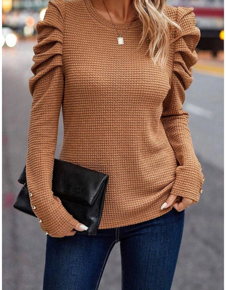 Chestnut Solid Color Textured Buttoned Gigot Sleeve Top