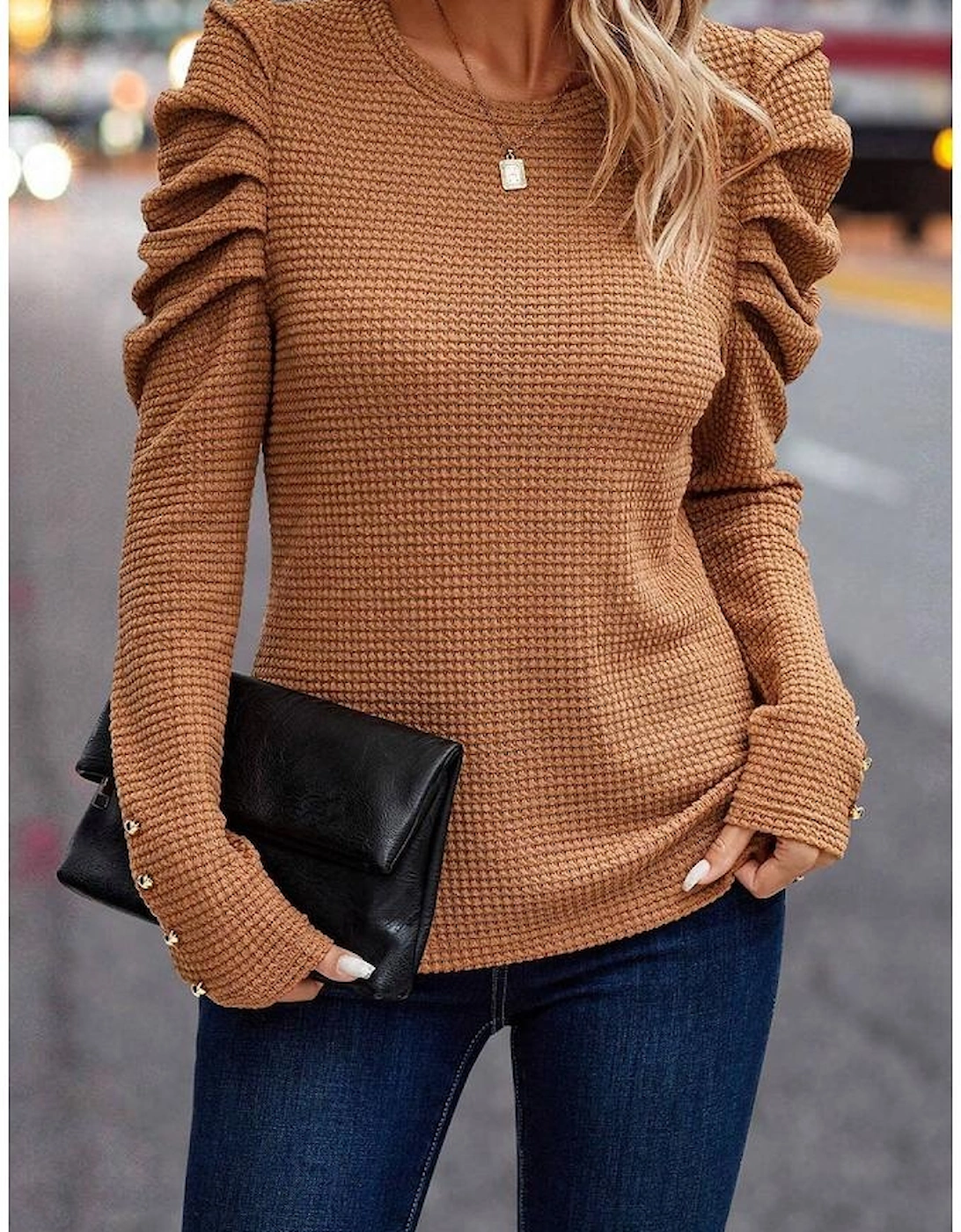 Chestnut Solid Color Textured Buttoned Gigot Sleeve Top