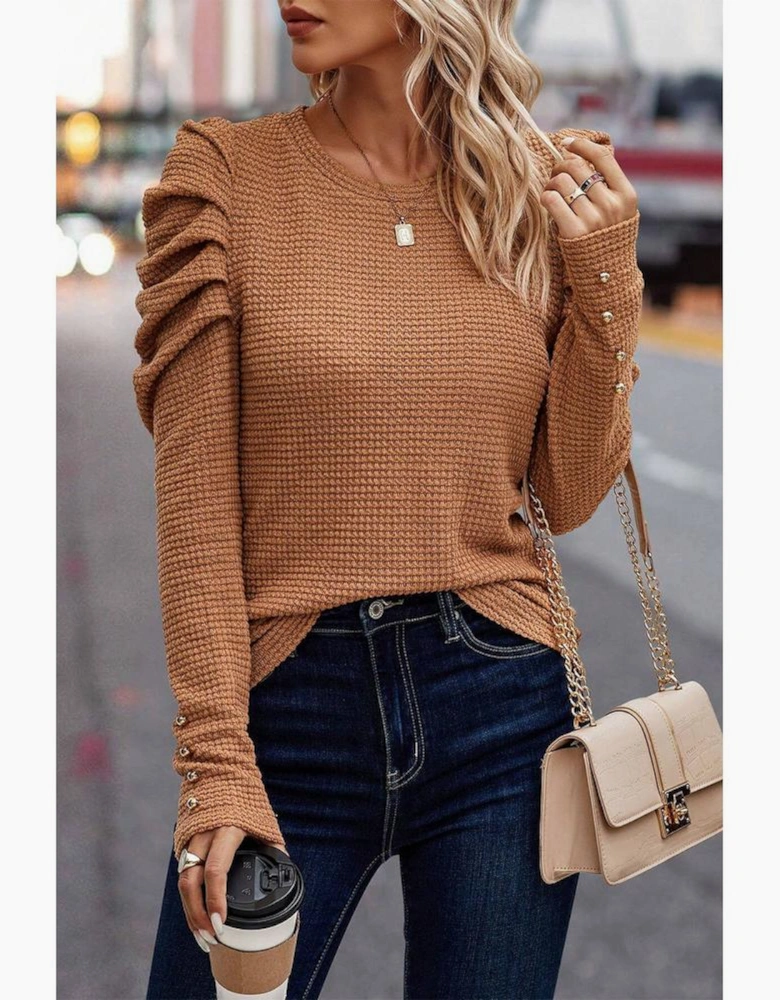 Chestnut Solid Color Textured Buttoned Gigot Sleeve Top
